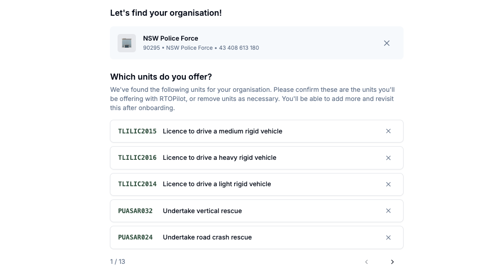 Screenshot of NSW Police Force unit selection page showing various vehicle license and rescue training units for onboarding.