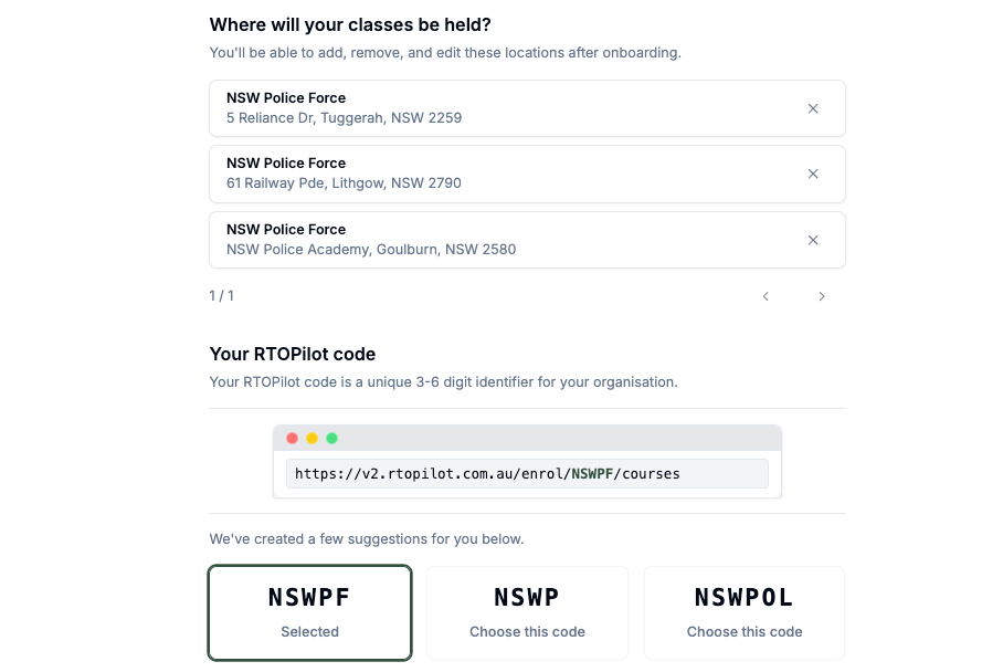 Screenshot of RTOPilot onboarding page showing class locations for NSW Police Force and a unique RTOPilot code for course enrollment