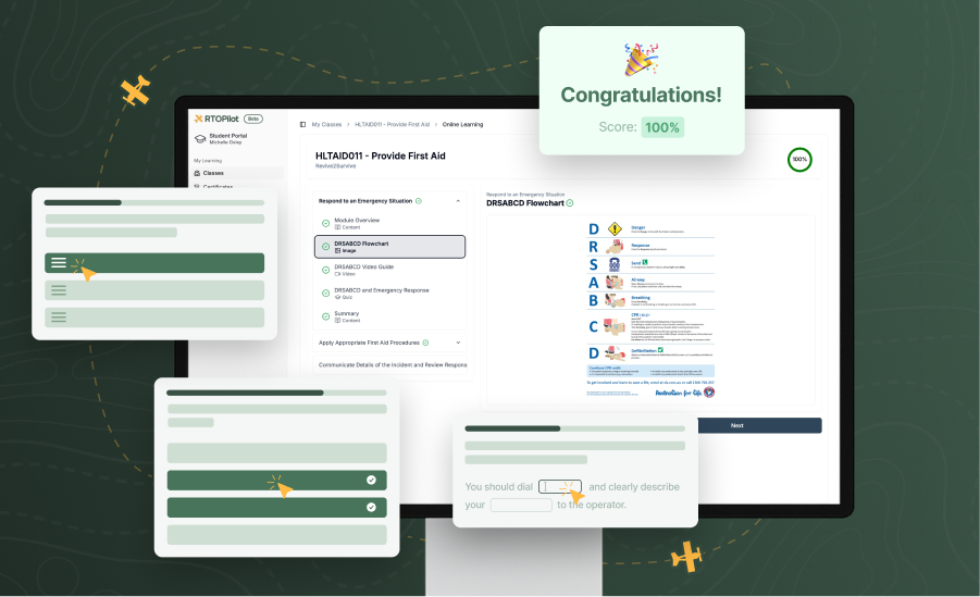 A screenshot of an online learning platform showing a completed first aid course with a 100% score and a congratulatory message.