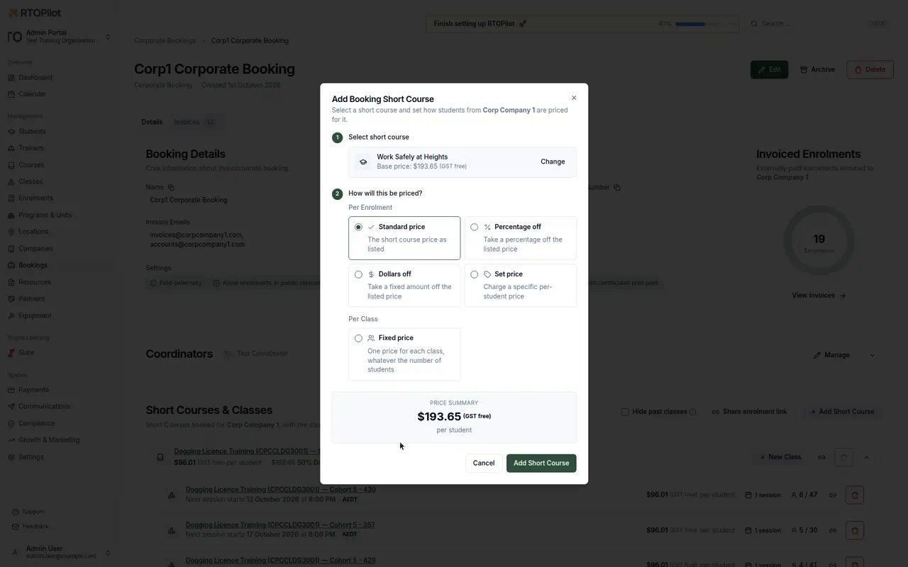Stepped add-course flow and per-class pricing