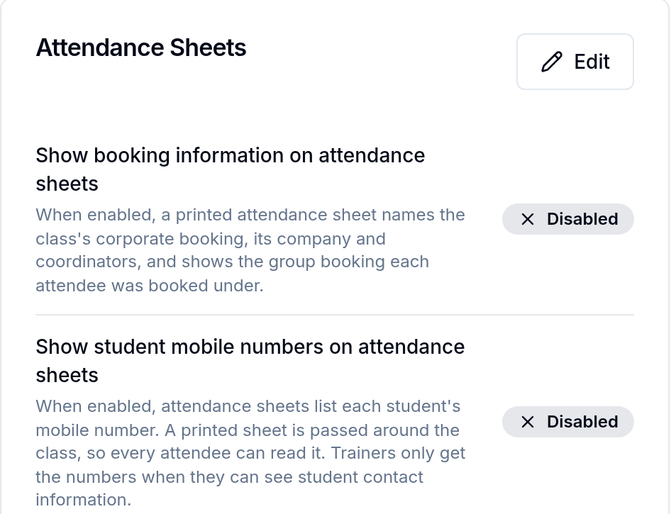 Student mobiles on attendance sheets setting