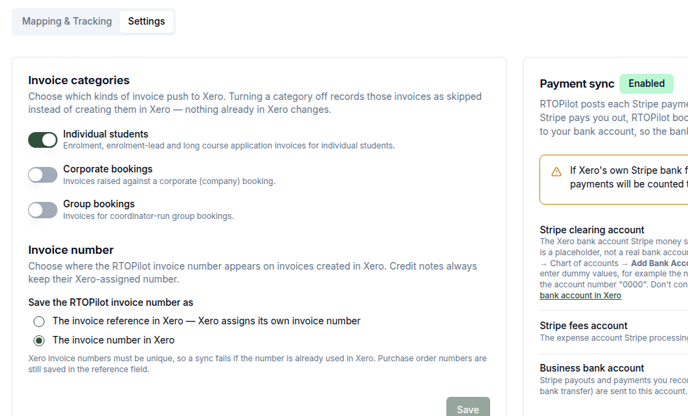 Stripe payments sync to Xero