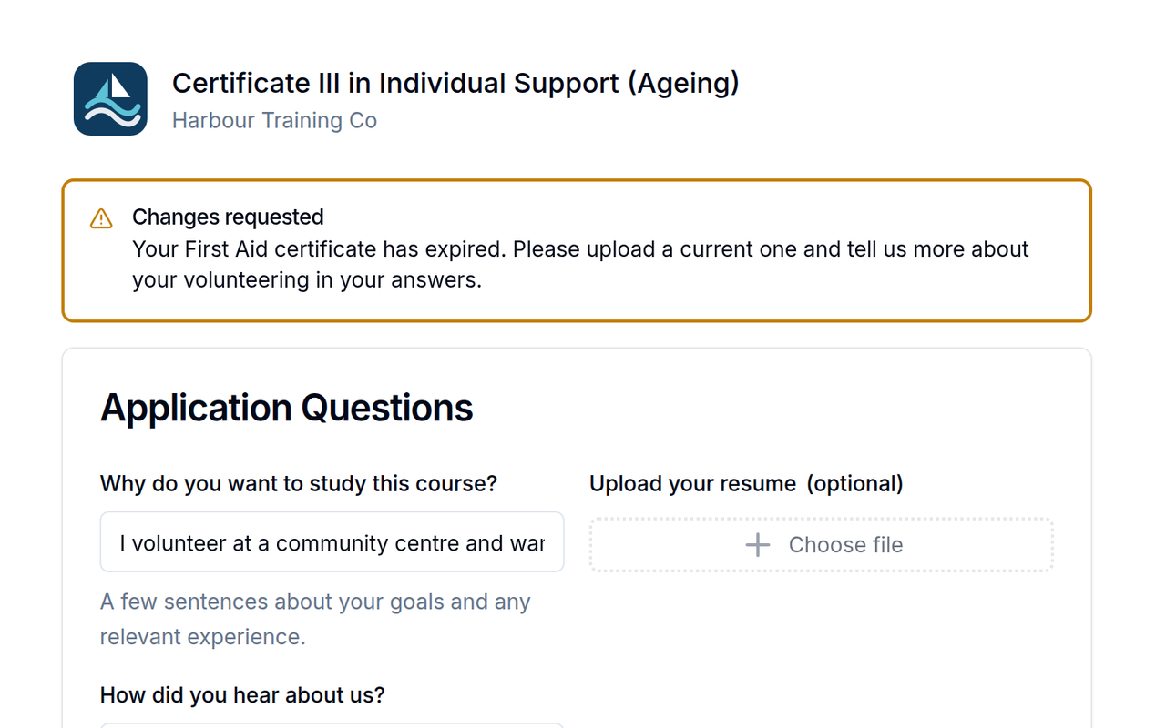 Request changes on an application