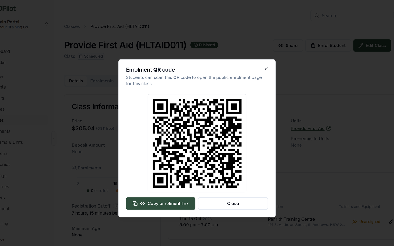 Enrolment QR code on admin class pages